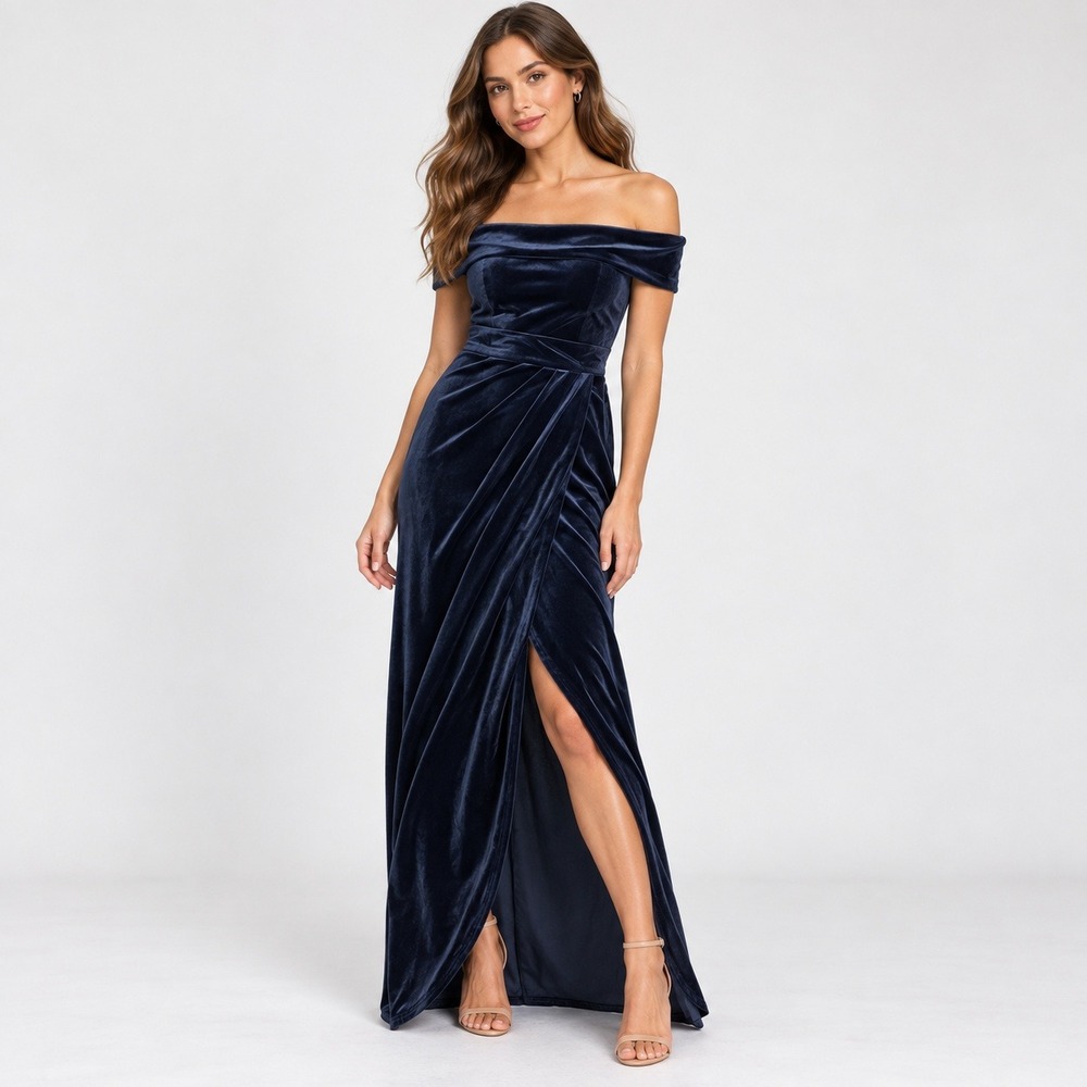 Lulus Maxi Dress Womens S Navy Blue Velvet Off The Shoulder Tulip Hem Gown
